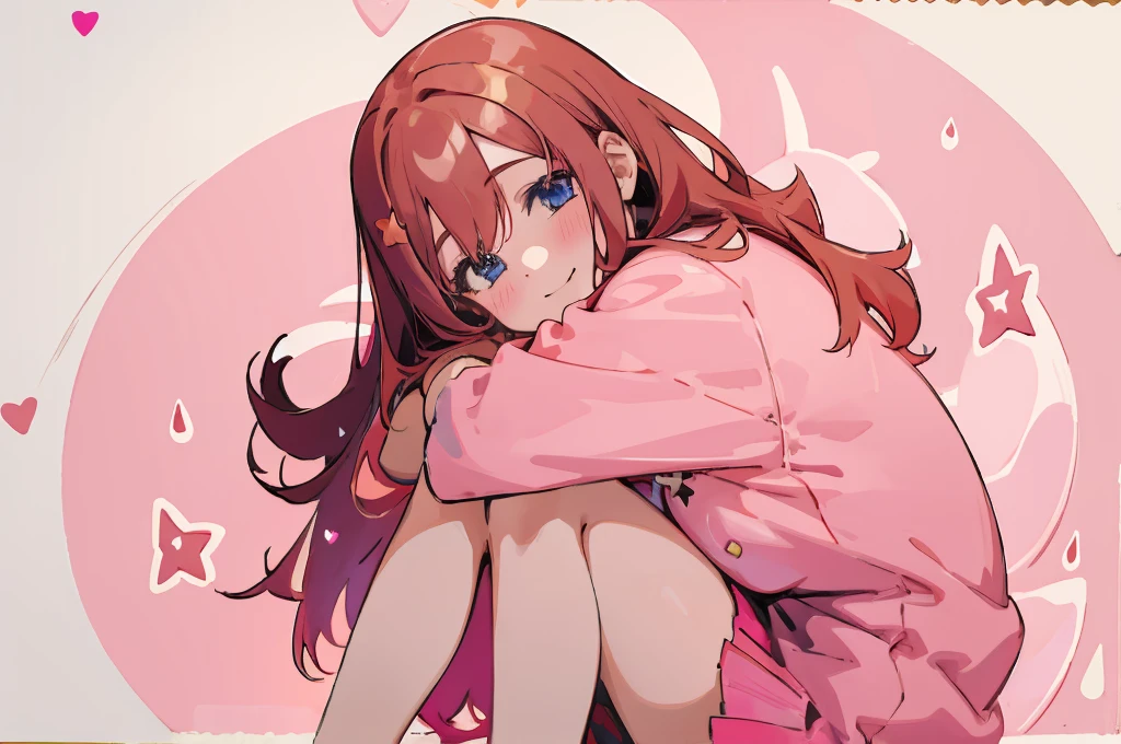 ((best quality)), ((masterpiece)), (detailed), perfect face, 1girl, nakano itsuki, smiling, whimsical, triad color pallette, hugging knees, looking at viewer, pink water droplets, smiling, flat colouring, full body, blank space on the left, fluffy red hair, star hairclips