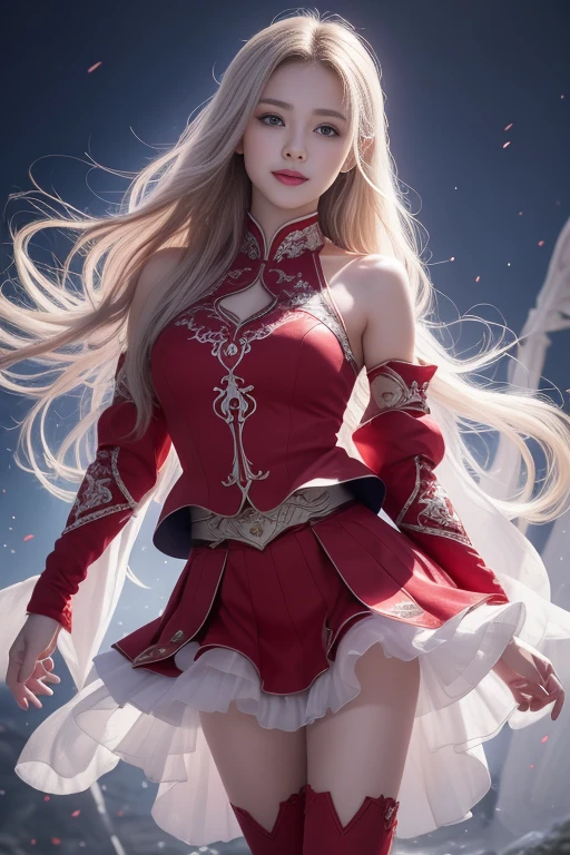 Jesuo，Highest quality，Optimal，Official art，beautifully、aesthetic，exposed for a long time：1.2），Smooth movement，Attractive pattern， 1 girl，（Long Skirt with Sleeves：1.3），(((Red clothes)))，No shoulders，Japan Girl，Sexy shot、Blush Lash，Long white hair， Portraiture，alone，whole body，Long white hair，Thin legs，smile，Double teeth，Ultra Wide Angle，Staring at the observer，Detailed Background，Detailed face，(Crystal AI, Crystal theme:1.1)，Elemental Wind Elf，Swirling Wind，Controlling the Wind，Red lace outfit，Dynamic pose，Suspended particles，Spiritual Power，Swoosh，vapor，Whirlwind in the background，White Tone，Swoosh，Ethereal atmosphere，ghost、吸血ghost、（full moon 1：3）、