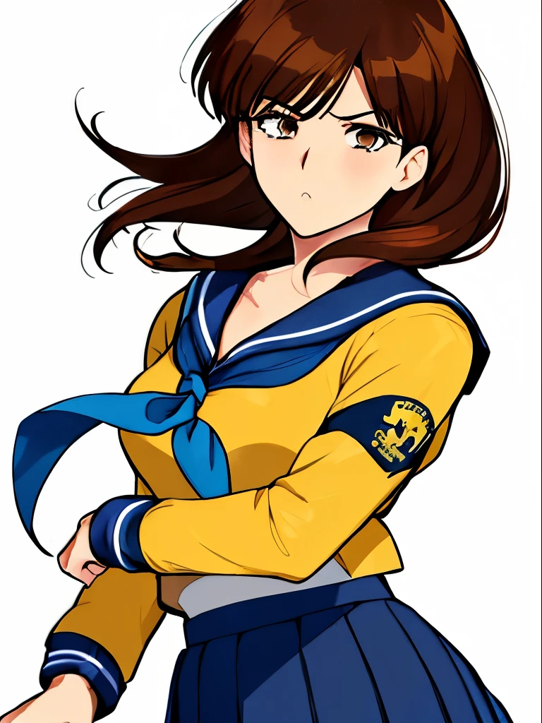 ((Obra maestra,mejor calidad)Keiko Yukimura From Yu Yu Hakusho has dark brown hair in a full fringe and reddish-brown eyes.Her hair is styled into a bob.Her prominent appearance has her wearing a standard winter school uniform(Sailor Fuku in blue and yellow color)brown hair medium shoulder hair, long sleeves, brown eyes, serafuku uniform, pleated skirt blue skirt, neckerchief