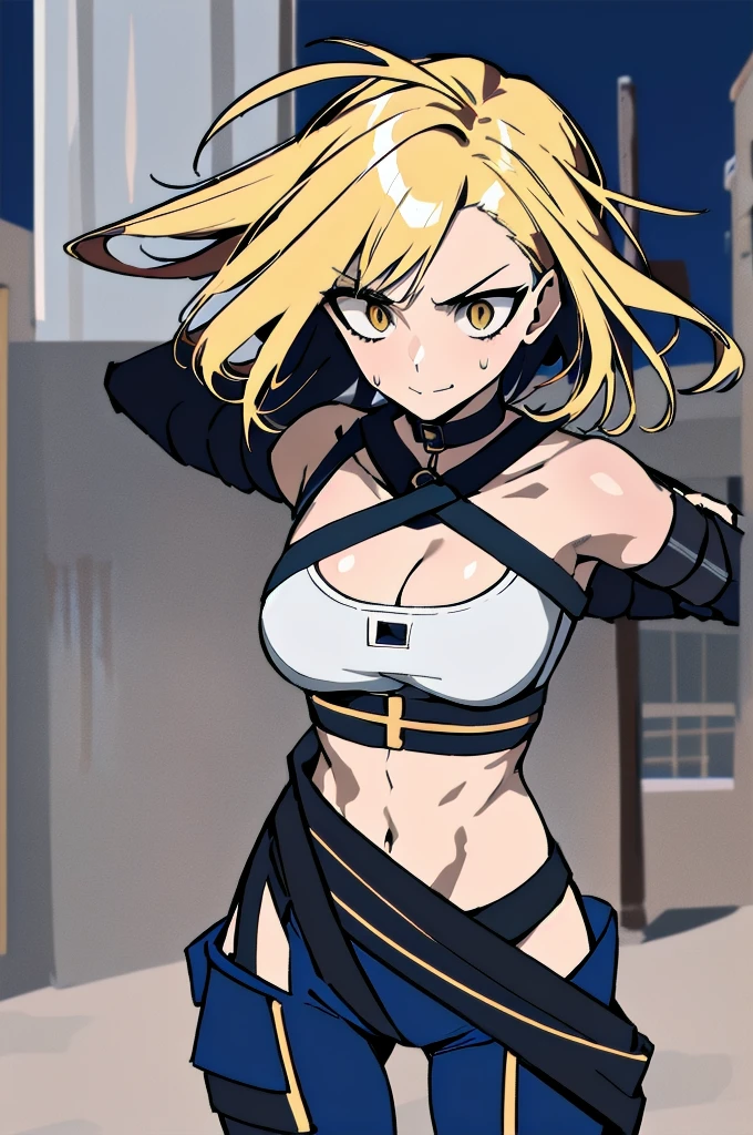 (absurdres, 8k, 4k, masterpiece, hyper extreme detailed:1.2), (masterpiece), best quality, expressive eyes, highres, perfect eyes, 1girl, perfect face, perfect hands, standing, belt, 1girl, blonde hair, eyepatch, perfect anatomy, eyepatch, long hair, platinum blonde hair, muscular, toned body, strong, empty eyes, blank stare, crazy face, crazy eyes, crazy smile, small, golden eyes, deadpan, expressionless, shaded face, messy hair, crazy hair, city background, heroic, half body, cowboy shot, night time, stars, night sky, wind, windy, naked, adult, mature, no clothing, cleavage, midriff, exposed shoulders, crotch, exposed collarbone, nsfw, handcuffs, bondage, bdsm, bound, bdsm, tape gag, tape, tape bondage, restrained, tape wrapped, wrap gag, bondage, taped wrists, taped breasts, taped mouth