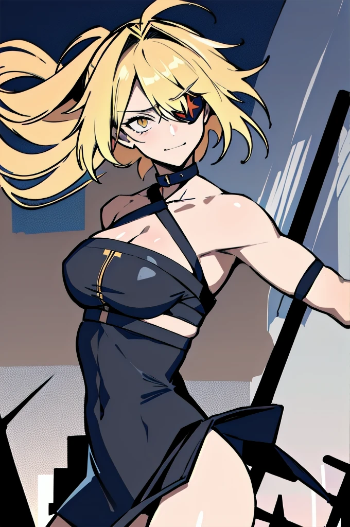 (absurdres, 8k, 4k, masterpiece, hyper extreme detailed:1.2), (masterpiece), best quality, expressive eyes, highres, perfect eyes, 1girl, perfect face, perfect hands, standing, belt, 1girl, blonde hair, eyepatch, perfect anatomy, eyepatch, long hair, platinum blonde hair, muscular, toned body, strong, empty eyes, blank stare, crazy face, crazy eyes, crazy smile, small, golden eyes, deadpan, expressionless, shaded face, messy hair, crazy hair, city background, heroic, half body, cowboy shot, night time, stars, night sky, wind, windy, naked, adult, mature, no clothing, cleavage, midriff, exposed shoulders, crotch, exposed collarbone, nsfw, handcuffs, bondage, bdsm, bound, bdsm, tape gag, tape, tape bondage, restrained, tape wrapped, wrap gag, bondage, taped wrists, taped breasts, taped mouth
