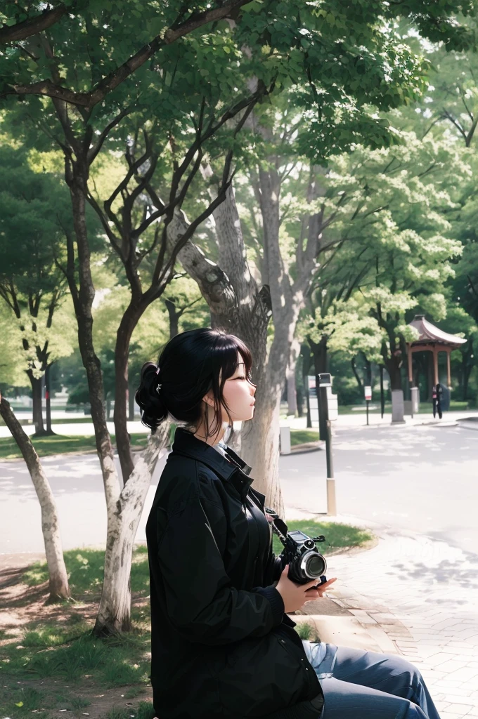 woman sitting on a bench in the park里 with a camera, in the park里, Park in the background, Trees in the background, In the city park, Photos taken with Canon 5d, in the park, The background is the park, in the park里, against the backdrop of trees, Shot with Sony A7, Back to camera