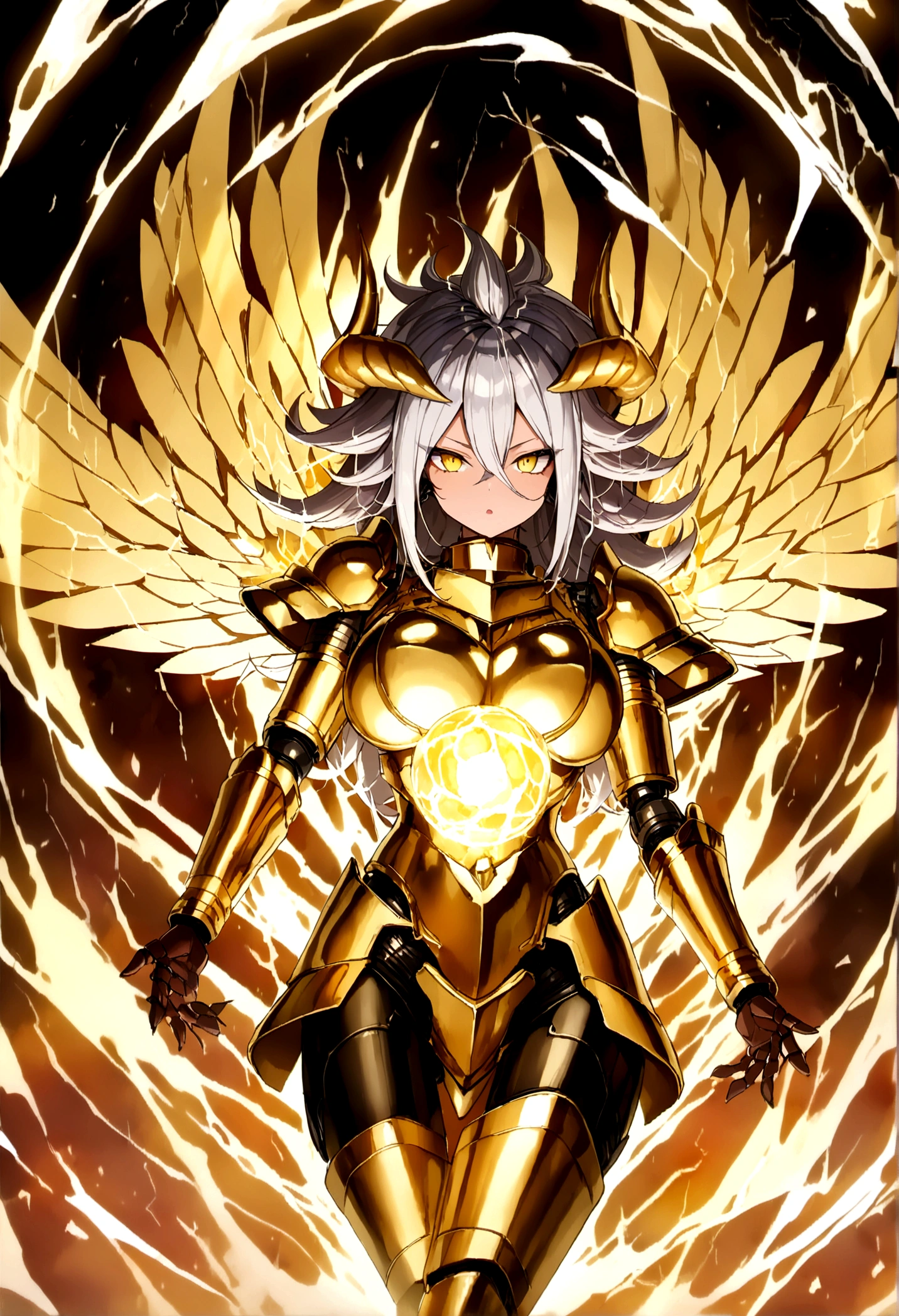 ((Lightning Power)), ((Electricity)), ((Fire Background)), ((Lightning Storm)), ((Power Erupting)), (((((android 21))))), ((((Huge Rasengan)))), (((Evil Power))), (((white Coat))), (((Busty))), (((((Big breast:1,3)))), luxury bustier corset, (((silver hair))), (((Very slim waist))), propotional body, ((Gorgeous)), (((Fire Blazing Horns))), ((((gold wings))), masterpiece, hyperdetail, ambient effect, digital effect, (((Fire Gold Armor))), (((Lightning Gold Wings)))