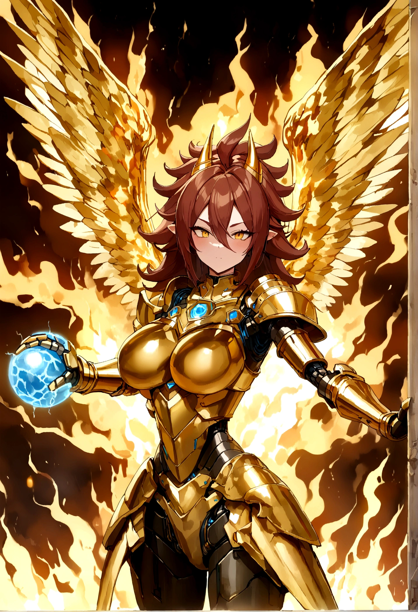 ((Lightning Power)), ((Electricity)), ((Fire Background)), ((Lightning Storm)), ((Power Erupting)), (((((android 21))))), ((((Huge Rasengan)))), (((Evil Power))), (((white Coat))), (((Busty))), (((((Big breast:1,3)))), luxury bustier corset, (((silver hair))), (((Very slim waist))), propotional body, ((Gorgeous)), (((Fire Blazing Horns))), ((((gold wings))), masterpiece, hyperdetail, ambient effect, digital effect, (((Fire Gold Armor))), (((Lightning Gold Wings)))