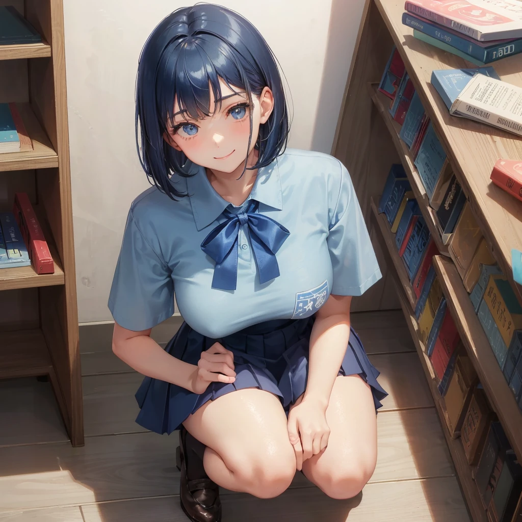 1. High school girl　17-year-old female　Bobcut　dark blue hair color　High School Uniform　Light blue Y-shirt　Short sleeve　Blue Ribbon　dark blue hair color　Slim figure　Large Breasts　Full body portrait　学校のlibrary　Smiling Kindly　Laugh a little　library　Hand Signs　Squat　Kneel　Look up here　