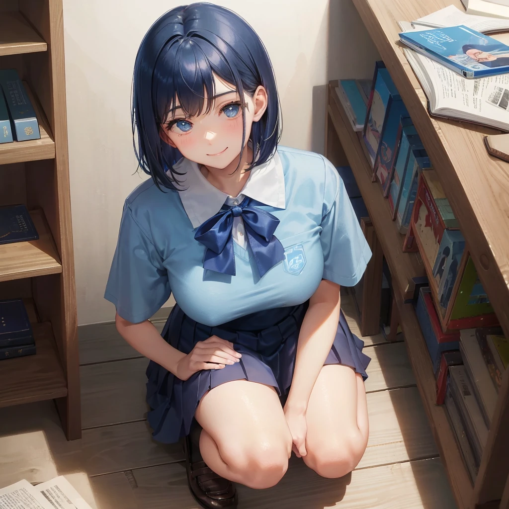 1. High school girl　17-year-old female　Bobcut　dark blue hair color　High School Uniform　Light blue Y-shirt　Short sleeve　Blue Ribbon　dark blue hair color　Slim figure　Large Breasts　Full body portrait　学校のlibrary　Smiling Kindly　Laugh a little　library　Hand Signs　Squat　Kneel　Look up here　