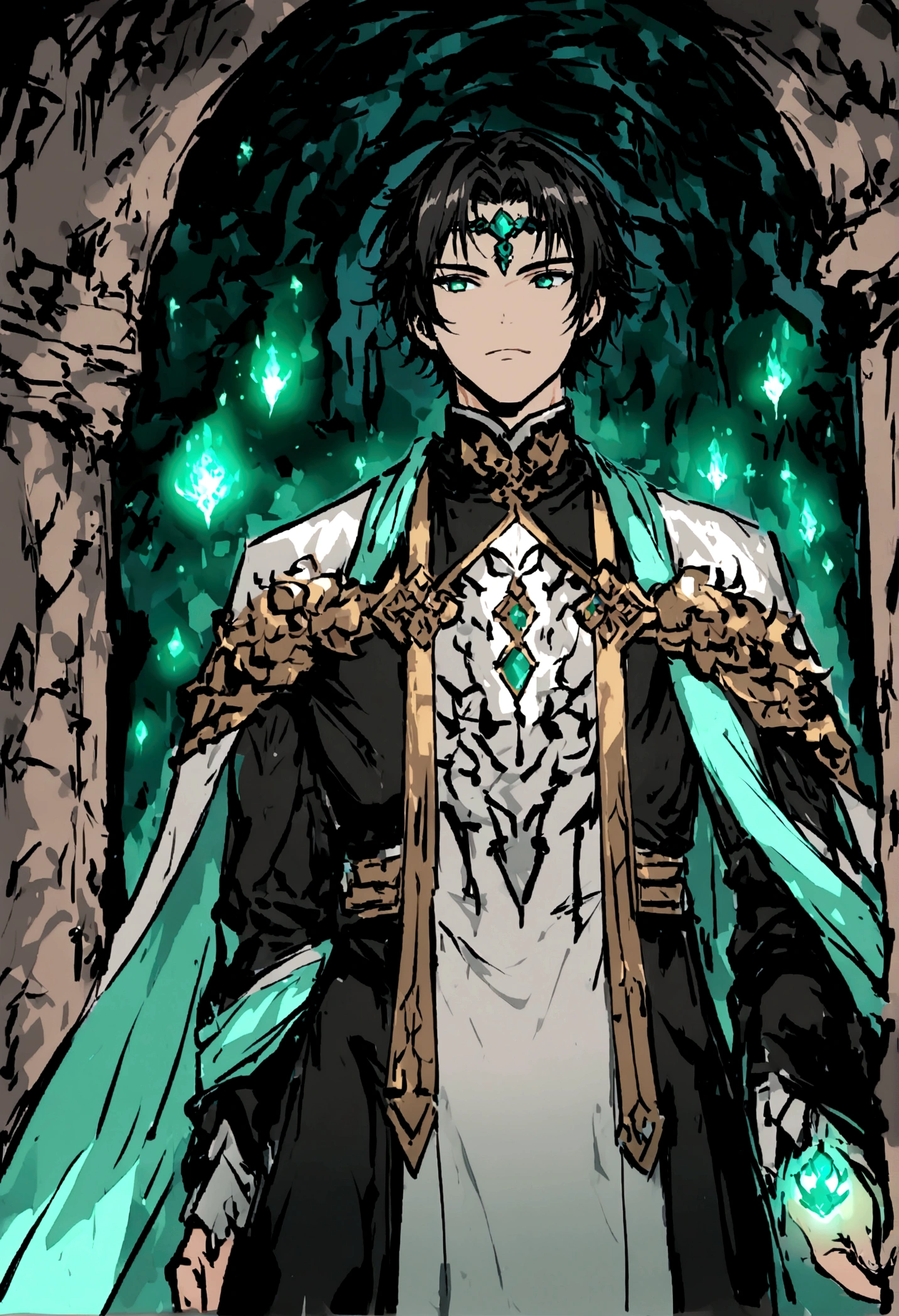 Close-up of faces,((The background is in a dark cave)),mysterious,((There must be a glowing jade floating in the cave.)),A boy standing below,((boy)),Childlike,short hair,((Chinese style,Immortal World,Xianxia World)),Primeval forest,only one person