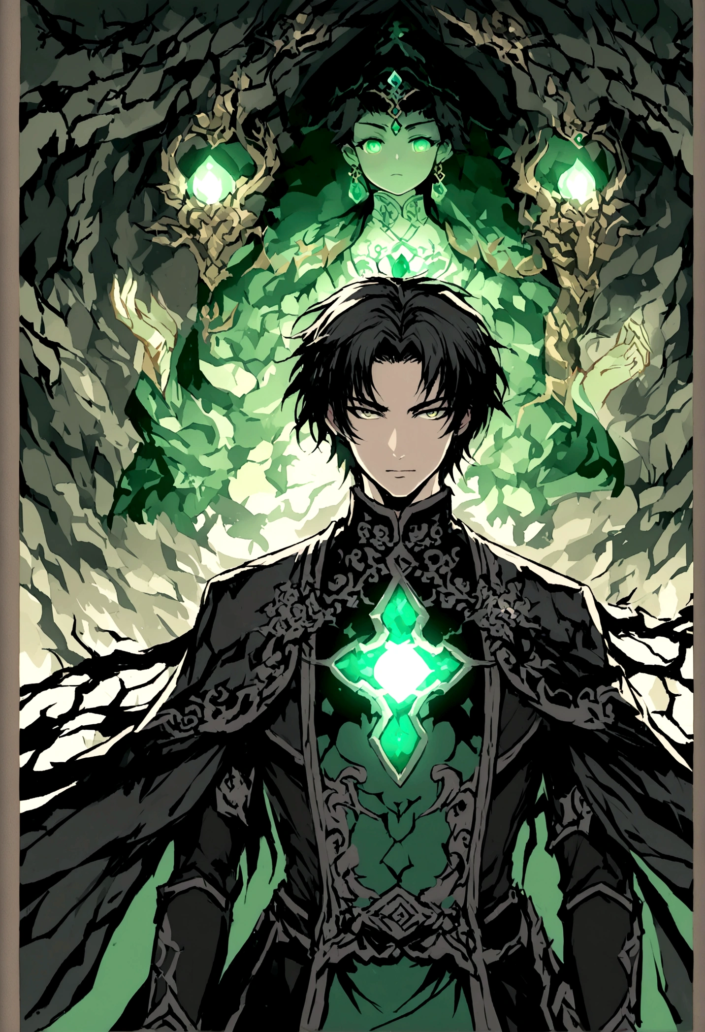 Close-up of faces,((The background is in a dark cave)),mysterious,((There must be a glowing jade floating in the cave.)),A boy standing below,((boy)),Childlike,short hair,((Chinese style,Immortal World,Xianxia World)),Primeval forest,only one person