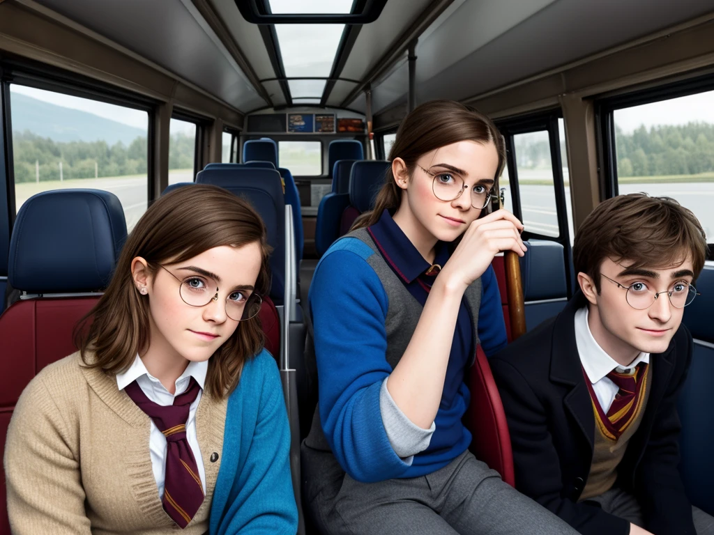Emma Watson in her 20's wearing Hermione Granger Uniform and Daniel Radcliffe wearing spectacles and Harry Potter Uniform. they both together sit on a bus driver cockpit smiling and Emma Watson is holding the steering wheel, Daniel Radcliffe sit beside her in the bus cockpit. There is window on the bus, the window on the bus have hogwarts castle in the background. Can see the seat and the steering wheel of the bus. Both of them are holding the wand