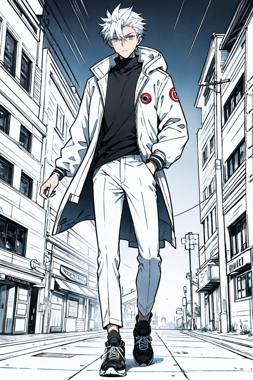 Tall, tannish, male, handsome, wearing white jacket, pants, and black high tops, has pokeball on waist and is chilling in the night, alone.