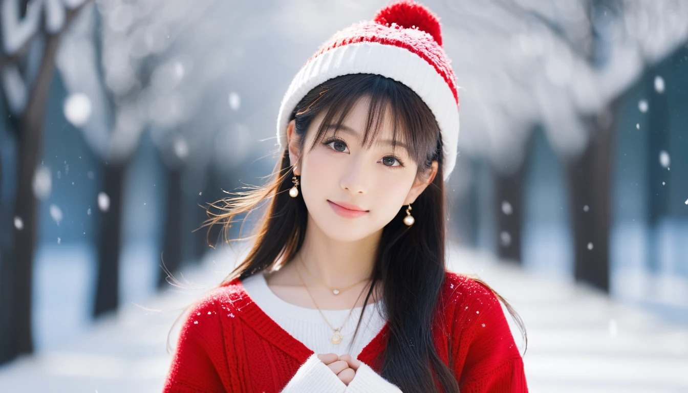 best quality, masterpiece,
Analog photo of Japanese idol girl wearing white sweater and red sweater hat, looking at viewer, long hair, Headshots, hold one's cheek with one's hand, enlargement, very beautiful detailed face, medium chest, (Cute face, looks tempting), eye level,
professional photos, high contrast exposure, soft bokeh, high key light, solid shadow, soft bokeh, snowfall, snowfall background, wearing tiny earrings and a very thin necklace