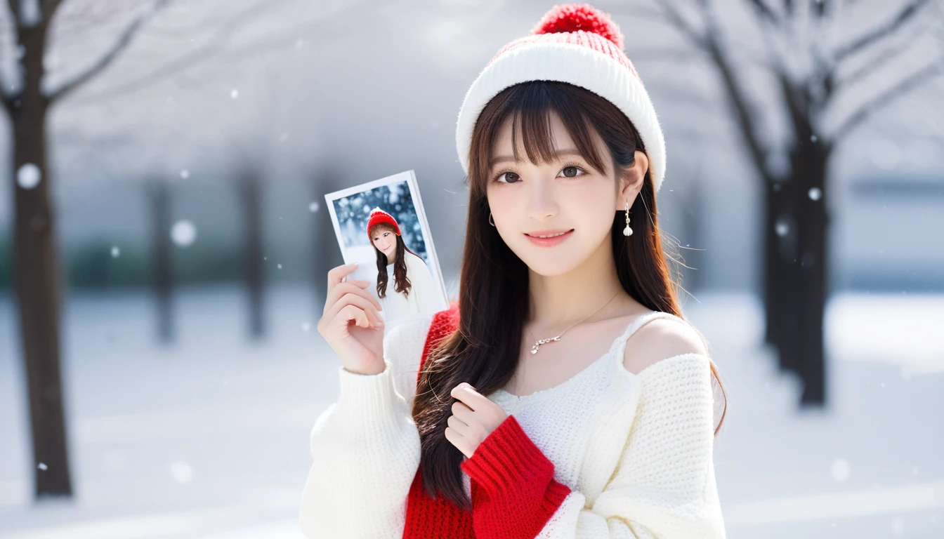 best quality, masterpiece,
Analog photo of Japanese idol girl wearing white sweater and red sweater hat, looking at viewer, long hair, Headshots, hold one&#39;s cheek with one&#39;s hand, enlargement, very beautiful detailed face, medium chest, (Cute face, looks tempting), eye level,
professional photos, high contrast exposure, soft bokeh, high key light, solid shadow, soft bokeh, snowfall, snowfall background, wearing tiny earrings and a very thin necklace