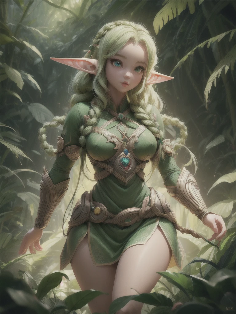 ((female cute elf portrait)), (anatomical biometrical hands), in a jungle, two braid hair, perfect body shape, ((wearing cute elf dress)), cute face, full body, looking back (hyper detailed eyes, hyper detailed face), 16k, 8k, RAW photo, best quality, masterpiece, high detail RAW color photo, dramatic lighting, cinematic lighting, back light, professional lighting