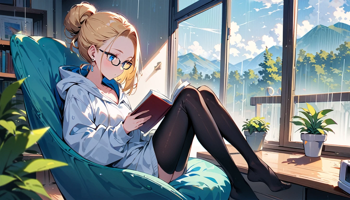 (masterpiece, best quality:1.2), solo, Android 18 from Dragon Ball, ((light gray hooded sweatshirt, Oversized hooded sweatshirt, long sleeve, black thighhighs, white panties)), thighs, midriff, small breasts, blonde hair, (single hair bun), ((blue eyes)), (wearing glasses), earrings on earlobes, slender feminine figure, narrow waistline, skinny body, (reading a book), cleavage, off shoulder, light blush, indoors, chill, room, hot coffee, window, organized, simple, white-based interior, a few plants, rain, cloudy sky, magnificent view, blur background, 4K, knees up, on the cute gaming chair, (pale light purple gaming chair),