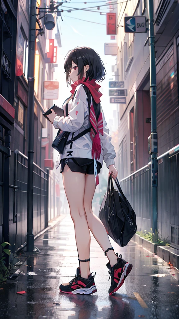 1girl,,legwear,,anklet,black hair,straight_hair,hime cut,long hair,sneakers,huge filesize,scarf，shorts