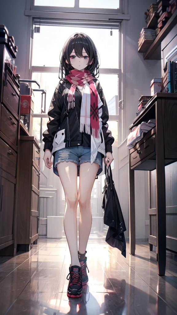 1girl,,legwear,,anklet,black hair,straight_hair,hime cut,long hair,sneakers,huge filesize,scarf，shorts