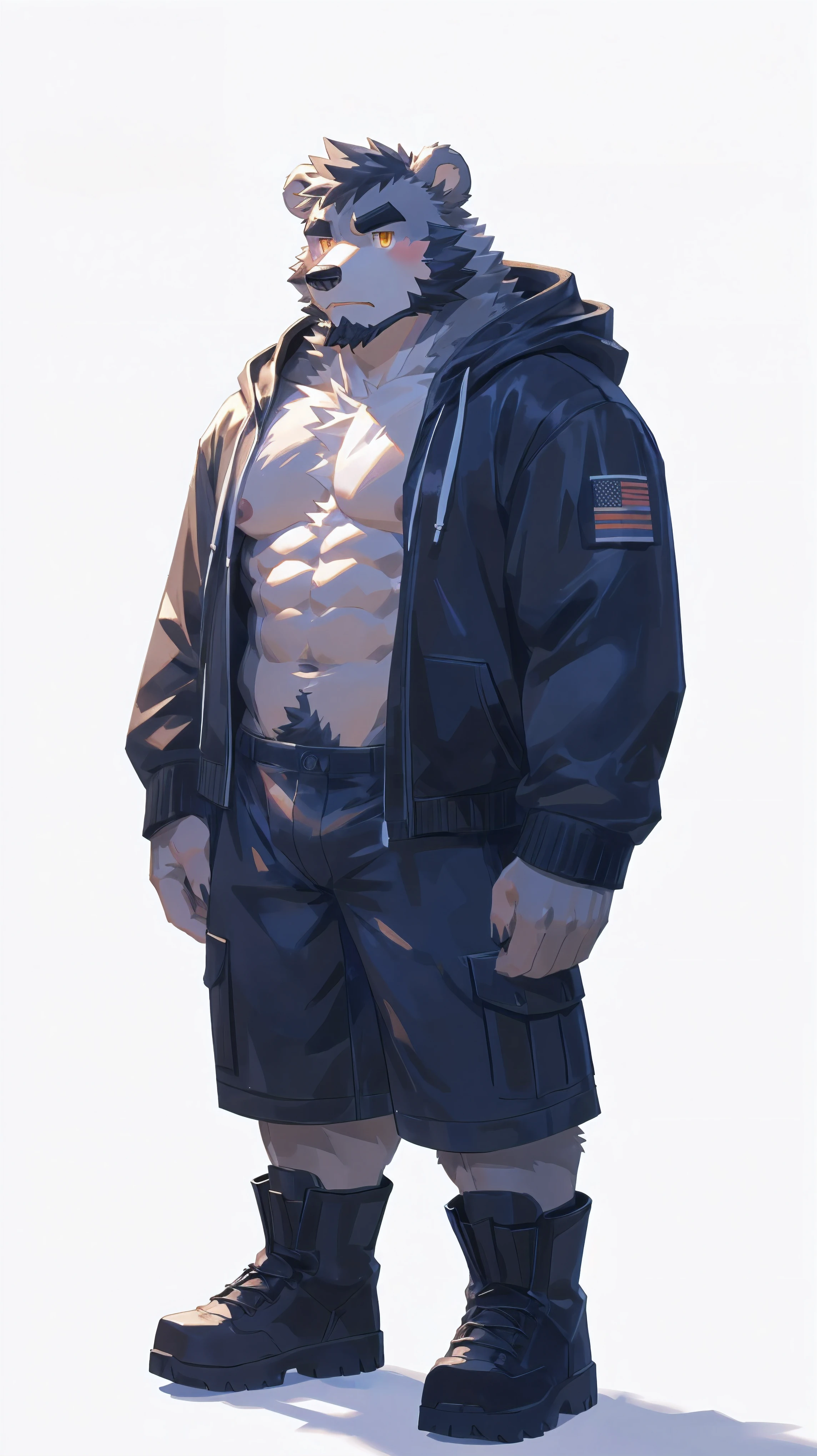 (masterpiece:1.2), best quality,pixiv,official art,perfect , (Ray tracing, light),solo, (1_male:1.3) , (muscle), (gray fur:1.4), (muscle bear), (beard:1.2), (gleaming golden eyes), Thick black eyebrows, (open hoodie:1.3), ( inside:1.2), cargo shorts, boots, standing alone, unhappy , (pure white background with a big hourglass :1.3) , less background