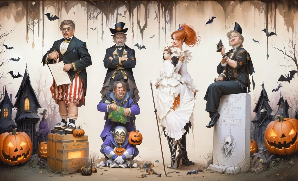 Drawing of a group of people in halloween costumes, Inspired by Thomas Nast, style of greg simkins, Todd Shore, Todd Shore highly detailed, Inspired by Ron English, satirical painting, !!!Try Andrews!!!, andrews esao artstyle, author:Thomas Dalziel, style of Try Andrews, Disrespectful characters, author:Jason Benjamin