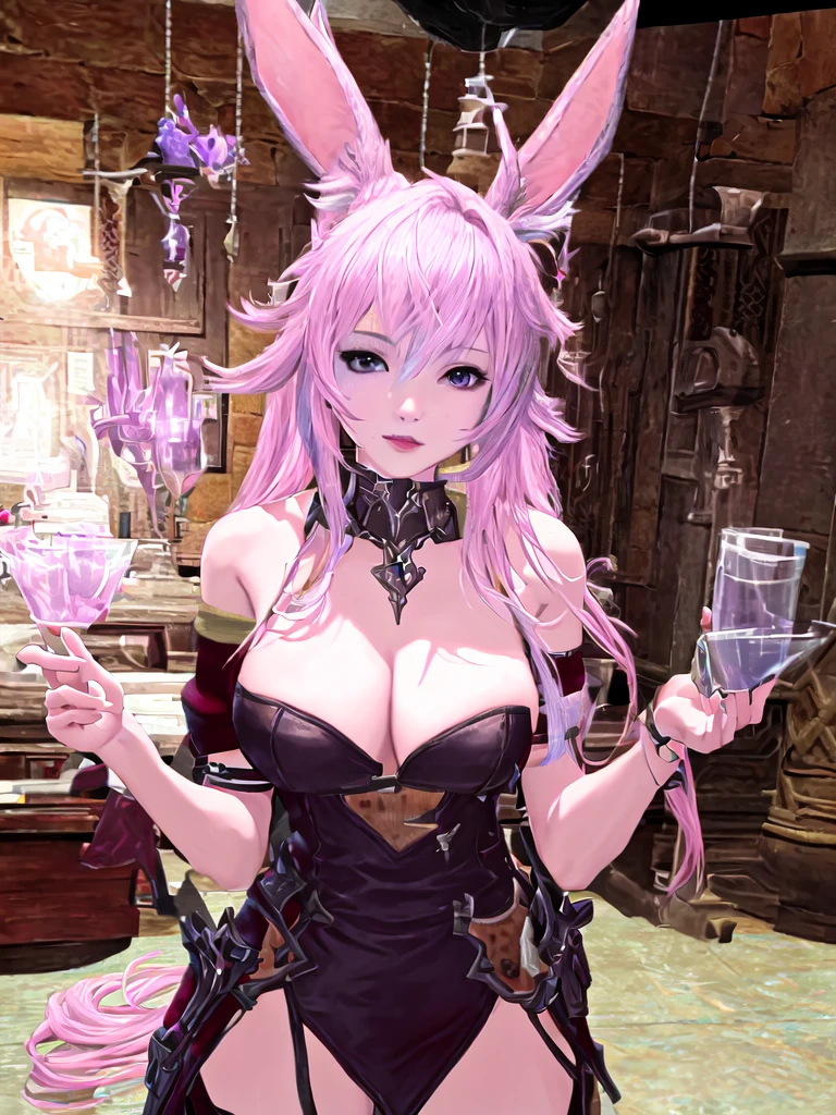 There is a woman with pink hair and bunny ears standing in a room, final fantasy style 14, final fantasy 14 sharp, neferpitou, Final Fantasy XIV, Final Fantasy 1 4 screenshot, She is in the potions workshop, wearing cyber bunny ears, ffxiv, close-up portrait of an artificer, Final Fantasy 1 4, tiflin sexy con un vestido negro muy hermoso con mirada seductora