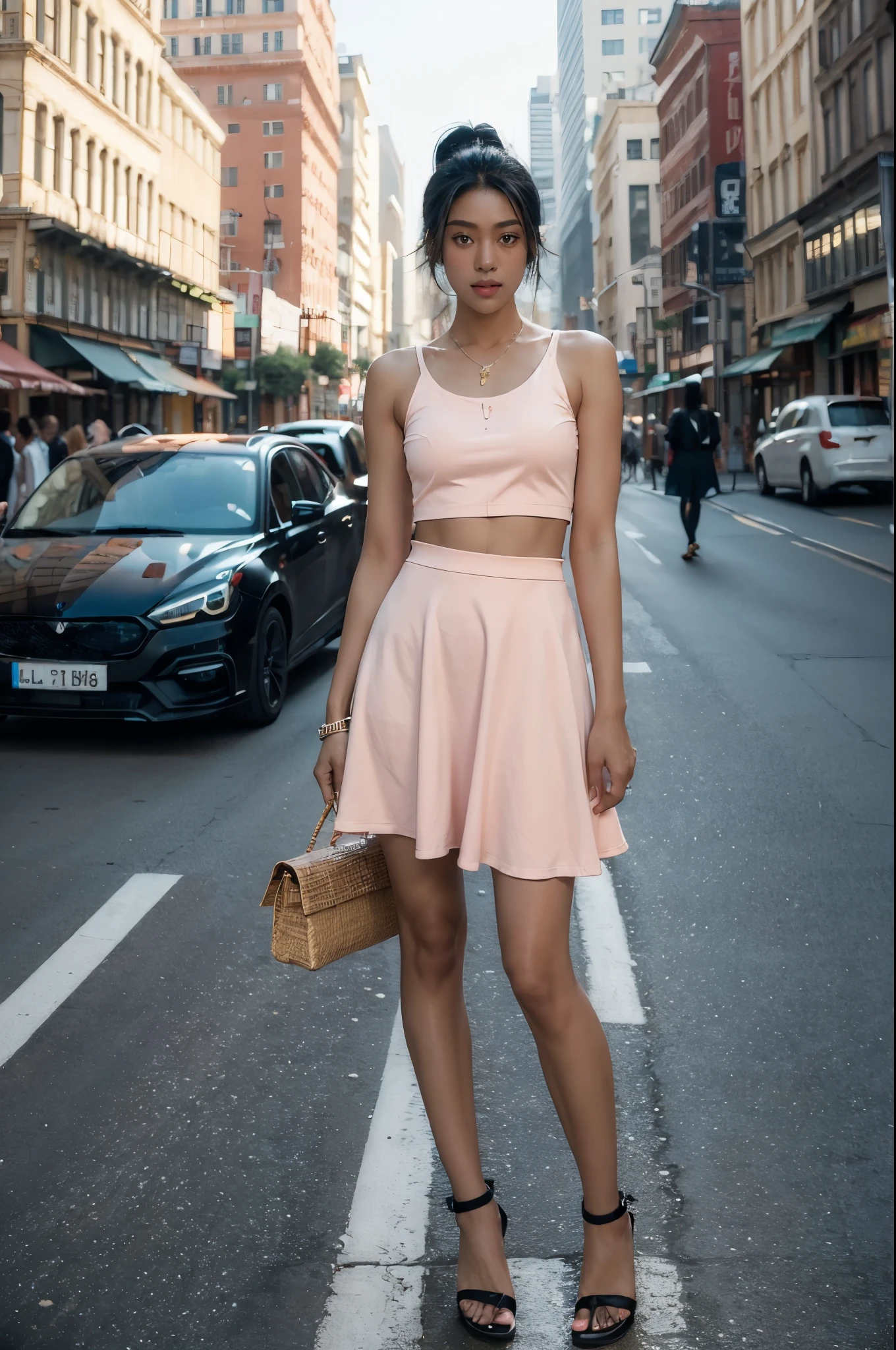 (((best quality))),(((ultra detailed))),(((masterpiece))),illustration,1girl,slim,sun-kissed skin,vibrant rose-pink cotton dress,short ponytail,flat chest,navel,slender legs,pantyhose,sandals,standing, bustling city streets, honking cars,surrounded by crowded crowds, colorful advertisements,grilled skewers,enjoying sights and sounds,(dark black skin:1.5),day scene