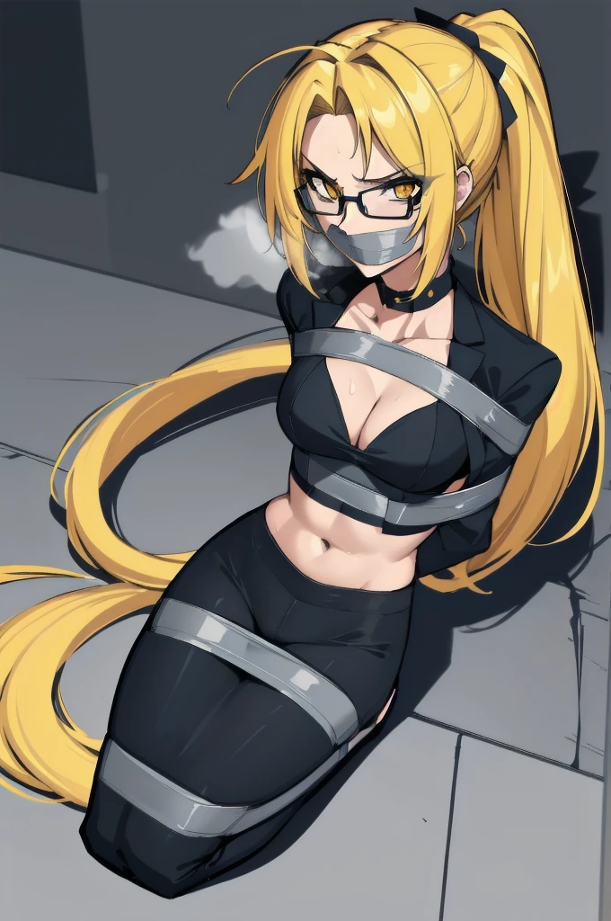 (absurdres, 8k, 4k, masterpiece, hyper extreme detailed:1.2), solo, 1girl, side view, perfect face, 1girl, portrait, looking at viewer, solo, standing, Female, Mature Female, evil eyes, female, small , yellow eyes, sharp eyes, wide smile, blonde hair, ponytail, perfect hands, fair skin, dot pupils, "constricted pupils, small pupils", perfect , correct , evil, long hair, flowing hair, messy hair, swept bangs, hair covering forehead, standing, grin, smirk, sharp, dangerous, bloody, menacing, malicious, chaotic, full body, expressive eyes, perfect eyes, 1girl, small bust, pale, confident, sarcastic, glasses, bound, , (arms behind back:1.4), , , tape, tape , close-up, restrained, best , full body, tape wrapped, wrap gag, messy hair, perfect , struggling, cleavage, shocked, wide eyes, struggling, aroused, , fearful, scared, breasts moving, shaking, struggling, , adult, mature, no clothing, cleavage, midriff,  shoulders, crotch,  collarbone, ,  ,  crotch