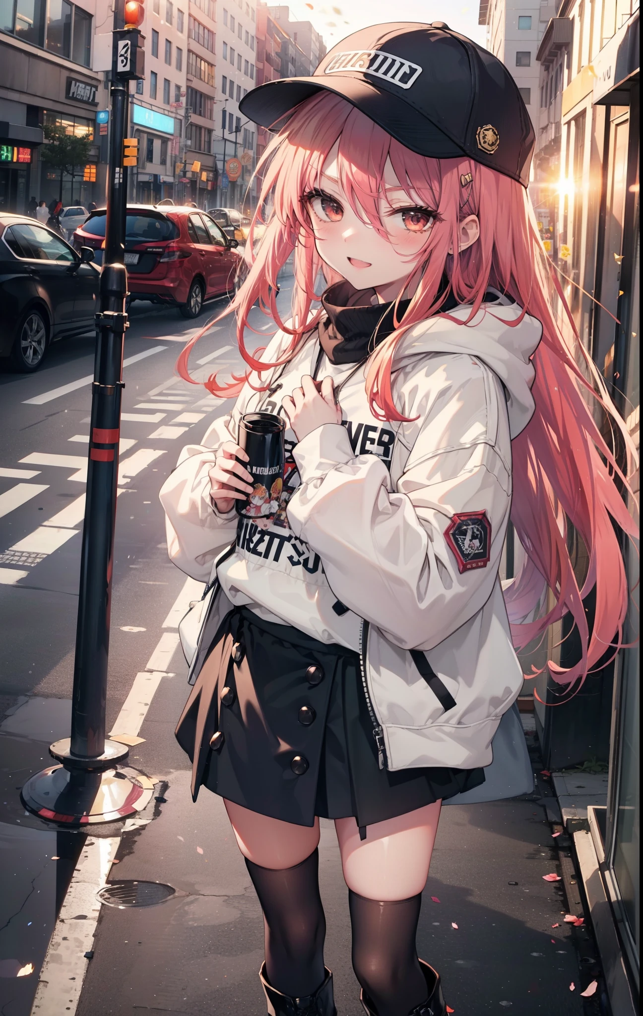 Shana,灼眼のShana,Long Hair, Redhead, Red eyes,happy smile, smile, Open your mouth,Baseball cap,Oversized black hoodie,Black long skirt,short boots,evening,Sunset,The sun is setting,walking,whole bodyがイラストに入るように, break outdoors, construction area, break looking at viewer, whole body, break (masterpiece:1.2), Highest quality, High resolution, unity 8k wallpaper, (shape:0.8), (Beautiful attention to detail:1.6), Highly detailed face, Perfect lighting, Highly detailed CG, (Perfect hands, Perfect Anatomy),