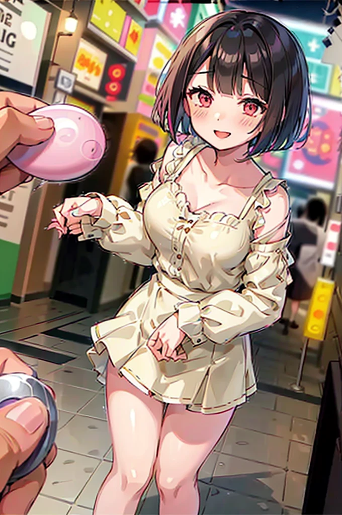 4K，One Girl, MS. end，thin，Very short stature，Very thin thighs，Blunt bangs，Short dress shirt, Half sleeves，Red Suspender Mini Skirt，blush, smile, Bobcut, Black Hair，Vibrant colors, ahegao，A lot of love juice drips down her thighs onto the floor，(remote_play))，remote-vibrating-egg，((Someone else's hand holding a pink round remote control:1.3))、Ecstatic expression，Accurate and detailed female fingers，nsfw