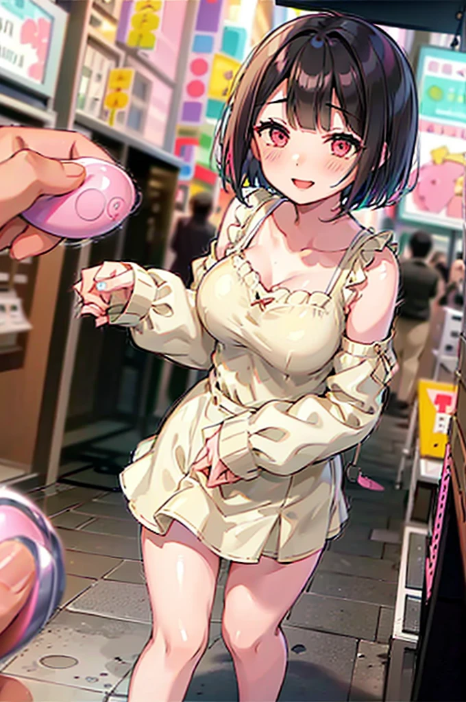 4K，One Girl, MS. end，thin，Very short stature，Very thin thighs，Blunt bangs，Short dress shirt, Half sleeves，Red Suspender Mini Skirt，blush, smile, Bobcut, Black Hair，Vibrant colors, ahegao，A lot of love juice drips down her thighs onto the floor，(remote_play))，remote-vibrating-egg，((Someone else's hand holding a pink round remote control:1.3))、Ecstatic expression，Accurate and detailed female fingers，nsfw