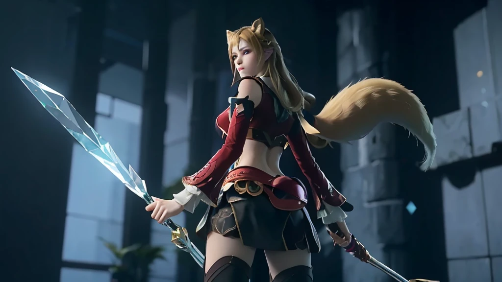 from below,Super Resolution, (Realism: 1.3), 1 (Slim: 1.2) Girl, Solo, Looking at the Audience, League of Legends, Fox, KDA Fox, Blonde Hair, Fox Ears, Fox Tail, Blue Coat, White Top, Black Skirt, Laser, Light Effect, Super Perfect Face, Perfect Eyes, Good Looking, ((Crystal Tail,)) Lots of Tails, Perfect Eyes