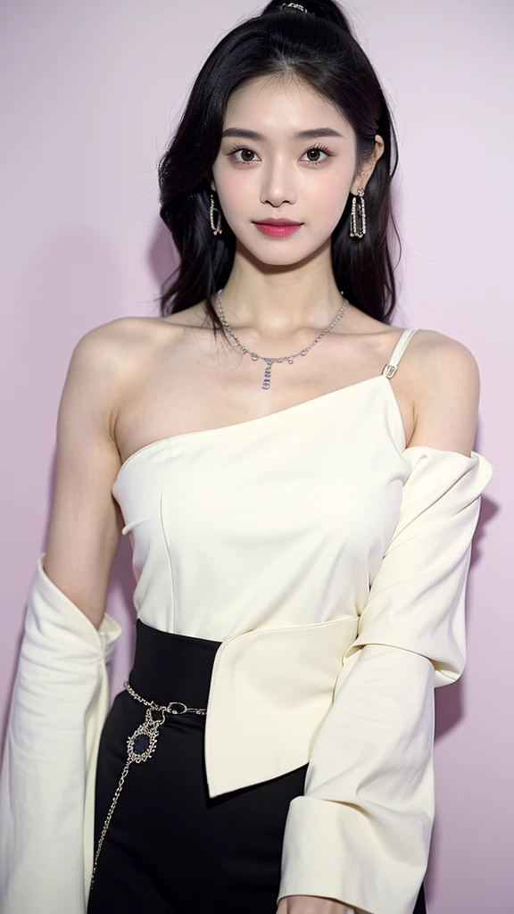 (Extra detailed body、The face is rich in detail、Best quality:1.2)、woman、Looking at the audience、(Quirky stylish、Large shoulder-length piercing、A necklace、Contrast purple, White and black clothes、Asymmetry)、(Ivory Wall)