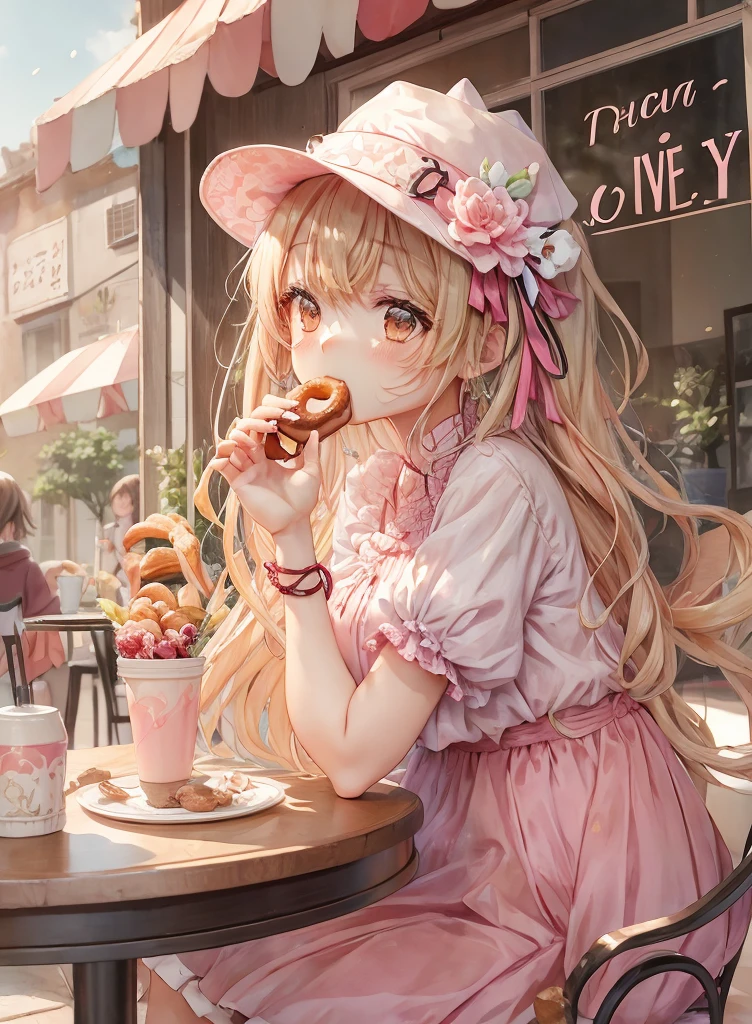 anime girl in pink dress eating a donut at a table, kawacy, anime visual of a cute girl, anime art wallpaper 4k, anime art wallpaper 4 k, anime art wallpaper 8 k, cute anime girl, 4k anime wallpaper, best anime 4k konachan wallpaper, splash art anime , anime style 4 k