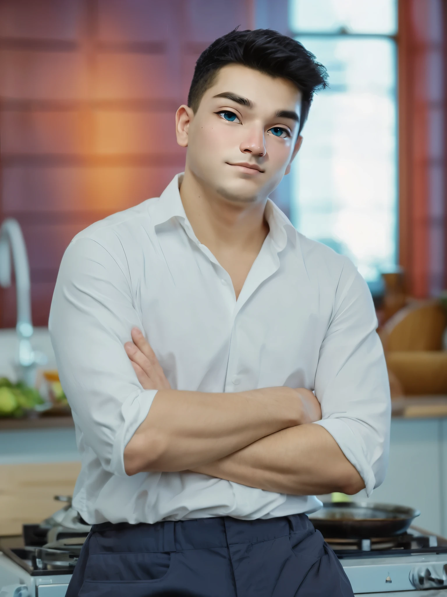 arafed man in a white shirt and blue pants standing in a kitchen, (highly detailed face:1.4) (smile:0.7) (background inside dark, moody, private study:1.3) POV, by lee jeffries, nikon d850, film stock photograph ,4 kodak portra 400 ,camera f1.6 lens ,rich colors ,hyper realistic ,lifelike texture, dramatic lighting , cinestill 800