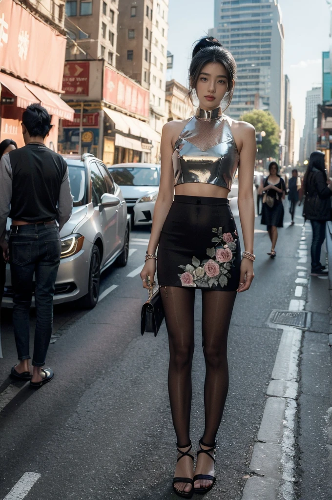 (((best quality))),(((ultra detailed))),(((masterpiece))),illustration,1girl,slim,sun-kissed skin,vibrant rose-pink cotton dress,short ponytail,flat chest,navel,slender legs,pantyhose,sandals,standing, bustling city streets, honking cars,surrounded by crowded crowds, colorful advertisements,grilled skewers,enjoying sights and sounds,(dark black skin:1.5),day scene