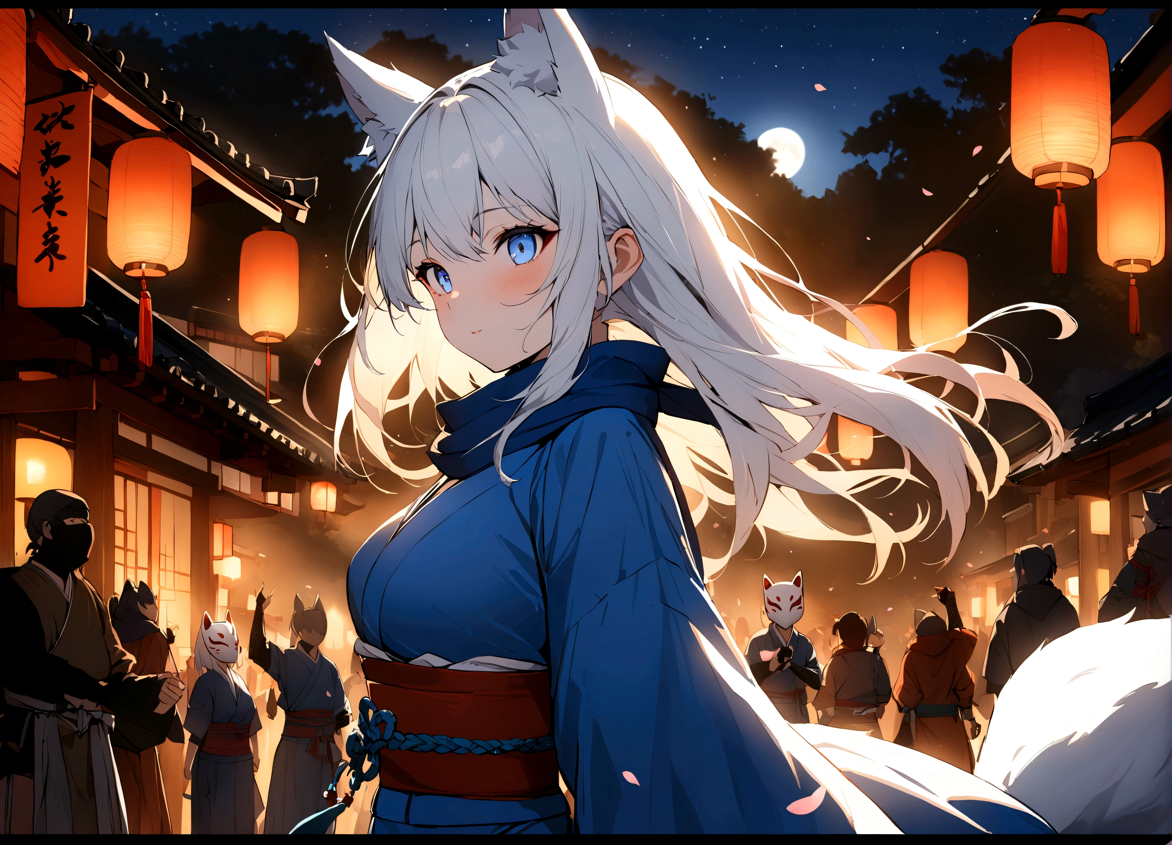 (masterpiece, best quality:1.2), 1girl, 独奏,Wolf girl, fox mask, ninja, girl, long white hair, odd eyes, blue kimono, ninja girl, red and blue scarf,Dancing Cherry Blossoms,Full moon backlighting, light coming in, fantastic atmosphere.Kyoto、Starry sky and full moon
