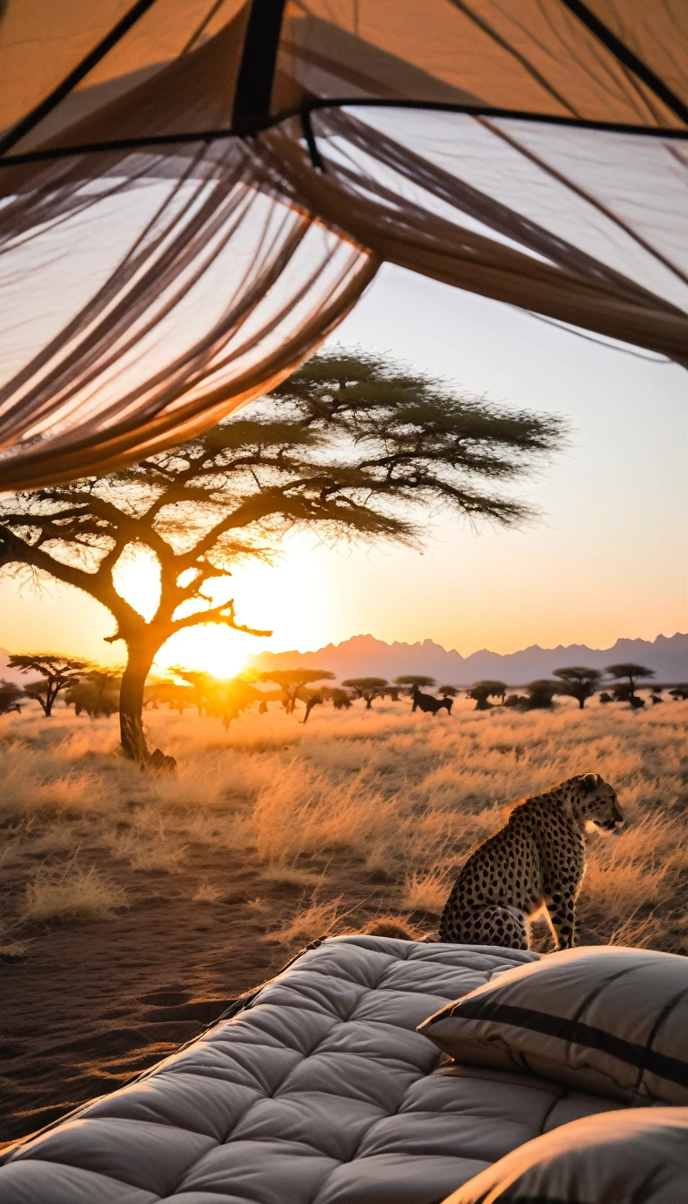 Highest quality、Masterpiece、Sunset Savanna、tent、tentで寝る冒険家女性:1.37、sleeping bag、Sleeping with a cheetah、