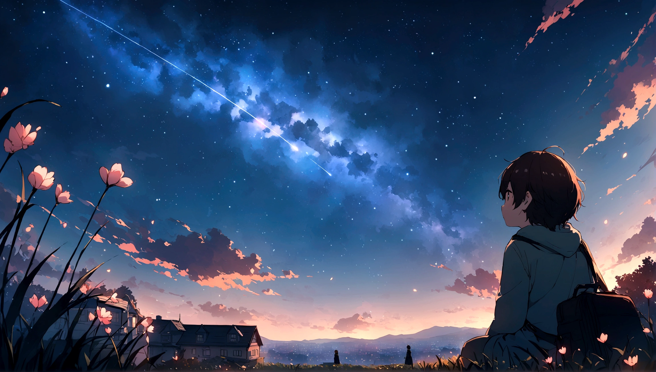 City of night、The sky is wonderful、meteor、3 year old little boy sitting on top of a building、Brown Hair、Back view、The city is bright with streetlights、Highest quality、Anime Scenery、Xin Haichen、building、Field、Milky Way 110207, distant 3 year old little boy staring at the，（Zoom out：1.1），（meteor：1.2）、（comet：1.1，yourname、Low Angle、From behind、Alola、shooting star、cherry blossoms、Standing in the Field、Highest quality、masterpiece、cloud、colorful、Starry Sky、