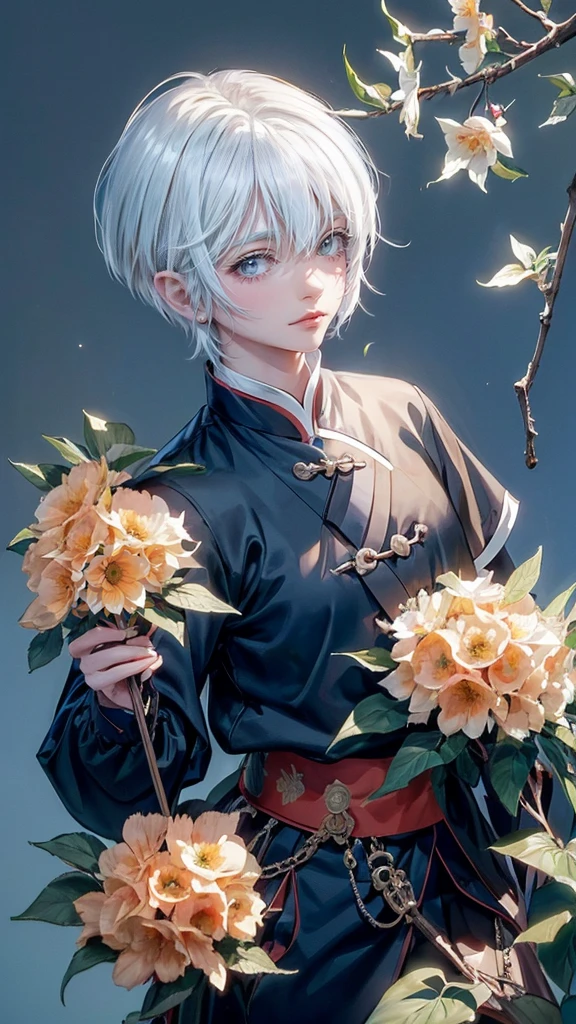 and black pants, Charming British style)). (Detailed beautiful eyes). ((Face similar to Carly Rae Jepsen)), ((Short-haired white hair)). ((Smaller face)). ((Neutral face)). ((Bright blue eyes)). ((Upper body photography)). Tang hu lu, candied haws, cute, young, holding a Tang hu lu, happy, Ming dynasty market, cute, detailed face, perfect fingers, detailed market in the background, hanfu,more_details:-1, more_details:0, more_details:0.5, more_details:1, more_details:1.5,(master piece), boy