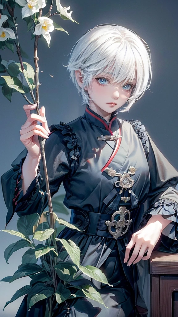 and black pants, Charming British style)). (Detailed beautiful eyes). ((Face similar to Carly Rae Jepsen)), ((Short-haired white hair)). ((Smaller face)). ((Neutral face)). ((Bright blue eyes)). ((Upper body photography)). Tang hu lu, candied haws, cute, young, holding a Tang hu lu, happy, Ming dynasty market, cute, detailed face, perfect fingers, detailed market in the background, hanfu,more_details:-1, more_details:0, more_details:0.5, more_details:1, more_details:1.5,(master piece), boy