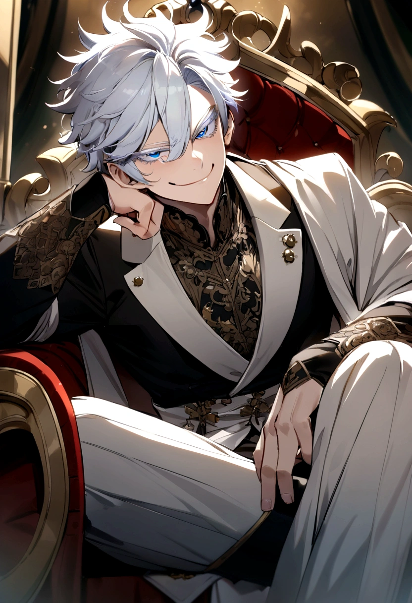 satoru gojo,white hair,short hair,hair between eyes,blue eyes,colored eyelashes, smirking mouth, sitting on a throne with crossed legs, head resting on his chin, high quality