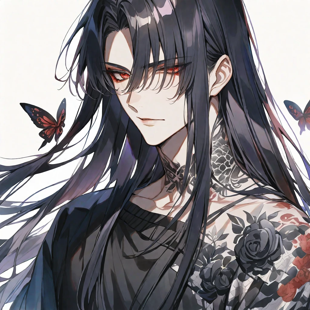 Solo,handsome, Watercolor,
1. male,
hime cut,Straight Hair,long Hair, 
black hair, Gojo Satoru,
red Eyes,Black Rose Tattoo,butterfly Tattoo,
black knit,
skin,Silver Accessories,
White background,