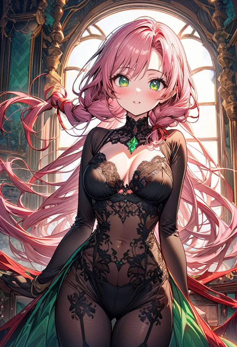 The image is of a beautiful woman wearing a tight fitting black lace lingerie. The woman has long flowing pink hair with strands of braided hair tied with red ribbon throughout. She has gorgeous green eyes that shine like emeralds. Her face is youthful and gorgeous. Her breasts are ample and seem too large for her tight fitting black lace bra. She is short in height but well developed -a short stack. She blushes as you look at her. She's standing in your bedroom and is excited to be with you. The image is ultra detailed with gorgeous colors, perfect line work, and detailed shading.