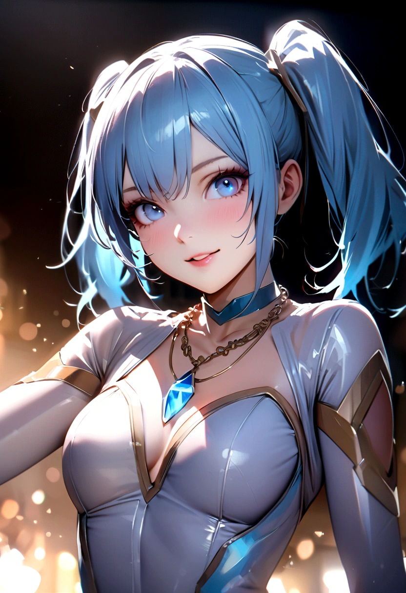 (Highest quality, High resolution, masterpiece:1.2), Very detailed, Realistic:1.37, (Perfect ),1 girl,,Cute Japanese Girl,18-year-old,(Transforming into a super heroine robot),Super cute face,Beautiful Skin,Glowing Skin,Beautiful Eyes,((Laughter)),(Futuristic glossy super tight fitting translucent holographic super heroine plug suit:1.2),Detailed costumes,,cyber necklace,Light blue hair,Twin tails,Idol Makeup,(My body is enveloped in light:1.3),Active Pause