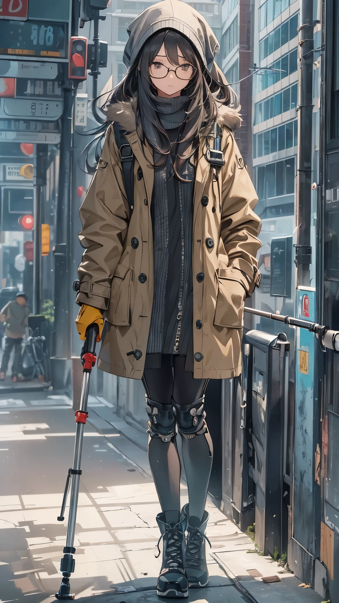(Very detailed, Realistic), Cityscape, [moderately:Oil], [Professional:1.1], [Physically Based Rendering], [Bright colors], [Sharp focus], [Studio Lighting], [Extreme Detail], [Highest quality,4K,8K,High resolution,masterpiece:1.2],(Detailed face),inside the hospital,((One 18-year-old woman)),(Glasses),(Black unkempt hair),(dark),(it hurts),(Scary),[Nervous eyes],((She walks with crutches,Crutch length from armpit,Crutches are at her side)),((Her feet are turned inwards)),(winter clothes ladies fashion,trench coat,tights),((lace-up-long-boots)),(gloves,Knee pads),.