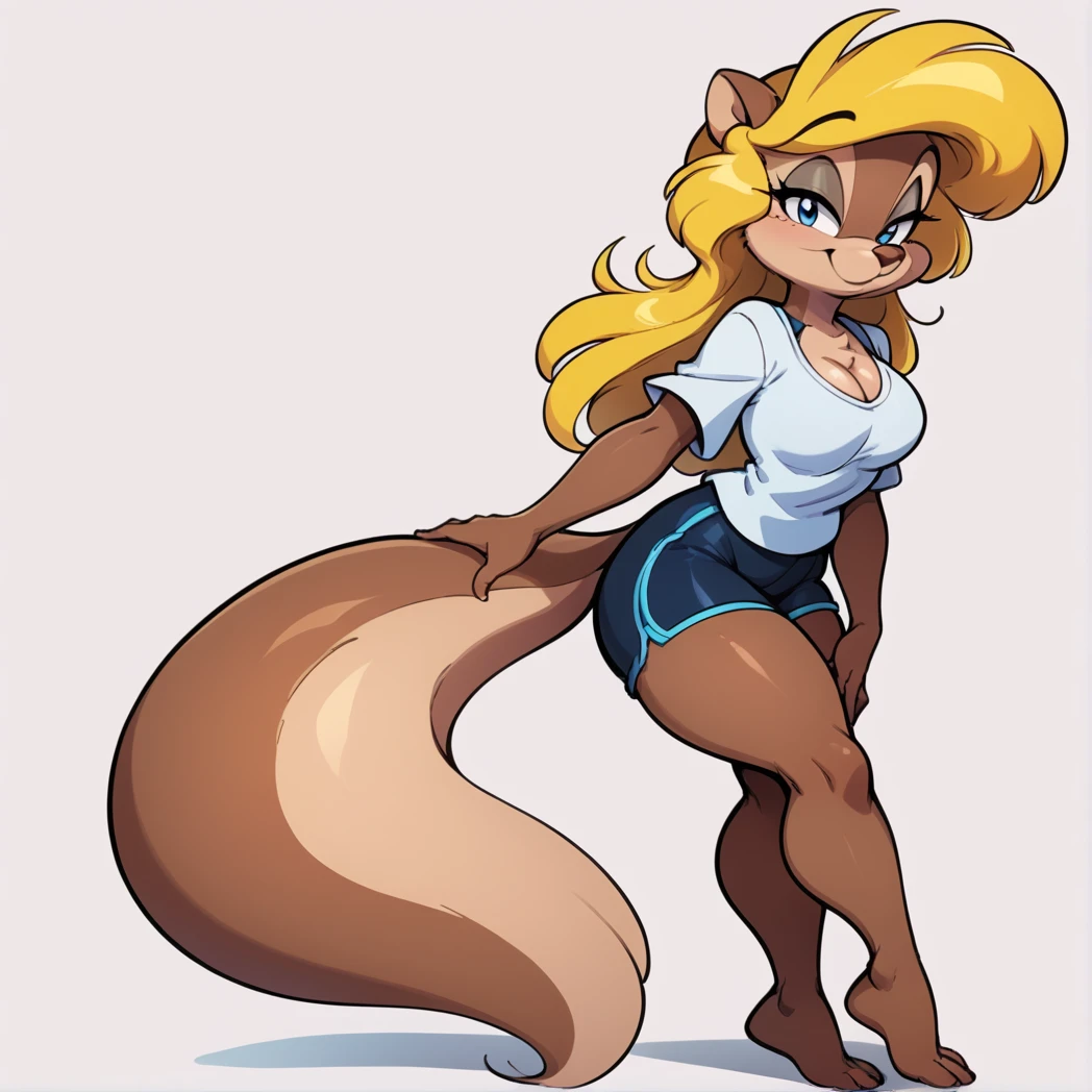 score_9, score_8_up, score_7_up, score_6_up, score_5_up, score_4_up, (Source furry),  1girl, solo, breasts, looking at viewer, smile, blue eyes, simple background, shirt, white background, animal ears, cleavage, medium breasts, closed mouth, standing, tail, full thick body, barefoot, furry, sitting down on a Seazi pose, black swimming shorts, has thick thighs, white shirt, animal nose, snout, amy squirrel , blonde hair, long hair, two tone fur, brown fur, furry female, body fur 