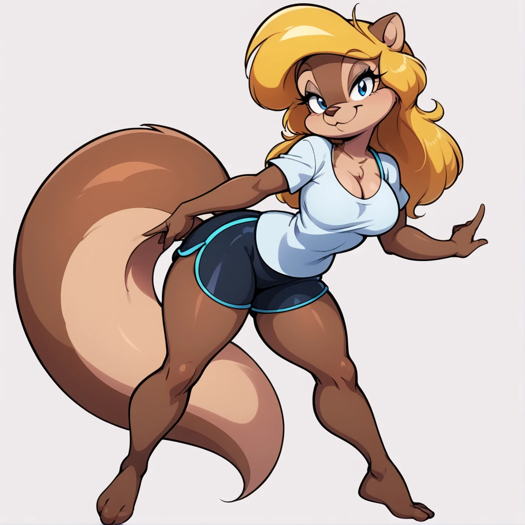 score_9, score_8_up, score_7_up, score_6_up, score_5_up, score_4_up, (Source furry), 1girl, solo, , looking at viewer, smile, blue eyes, simple background, shirt, white background, animal ears, , , closed mouth, standing, tail, full thick body, barefoot, furry, sitting down on a Seazi pose, black swimming shorts, has thick thighs, white shirt, animal nose, snout, amy squirrel , blonde hair, long hair, two tone fur, brown fur, furry female, body fur
