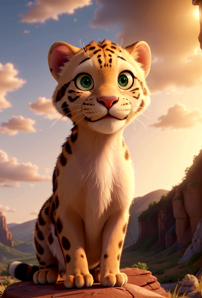 (best quality,4k,8k,highres,masterpiece:1.2),ultra-detailed,(realistic,photorealistic,photo-realistic:1.37),dawn,leopard perched on rugged cliff,overlooking vast grassland,dawn light casting long shadows,reflective eyes,soft sunlight,cinematic,illustration,high-definition,realistic fur texture,majestic,serene,ethereal,surreal,rich colors,warm tones,soft lighting