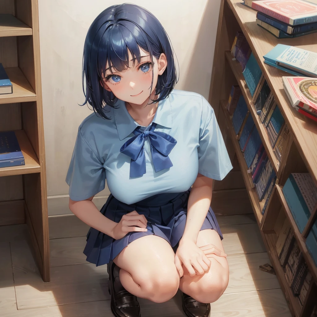 1. High school girl　17-year-old female　Bobcut　dark blue hair color　High School Uniform　Light blue Y-shirt　Short sleeve　Blue Ribbon　dark blue hair color　Slim figure　Large Breasts　Full body portrait　学校のlibrary　Smiling Kindly　Laugh a little　library　Hand Signs　Squat　Kneel　Look up here　