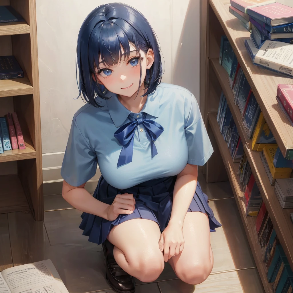 1. High school girl 17-year-old female Bobcut dark blue hair color High School Uniform Light blue Y-shirt Short sleeve Blue Ribbon dark blue hair color Slim figure Large Breasts Full body portrait 学校のlibrary Smiling Kindly Laugh a little library Hand Signs Squat Kneel Look up here