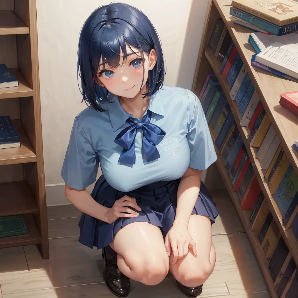 1. High school girl 17-year-old female Bobcut dark blue hair color High School Uniform Light blue Y-shirt Short sleeve Blue Ribbon dark blue hair color Slim figure Large Breasts Full body portrait 学校のlibrary Smiling Kindly Laugh a little library Hand Signs Squat Kneel Look up here