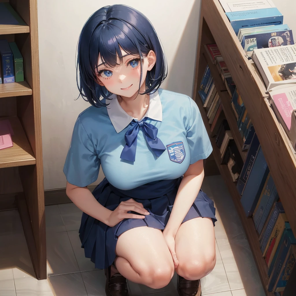 1. High school girl 17-year-old female Bobcut dark blue hair color High School Uniform Light blue Y-shirt Short sleeve Blue Ribbon dark blue hair color Slim figure Large Breasts Full body portrait 学校のlibrary Smiling Kindly Laugh a little library Hand Signs Squat Kneel Look up here